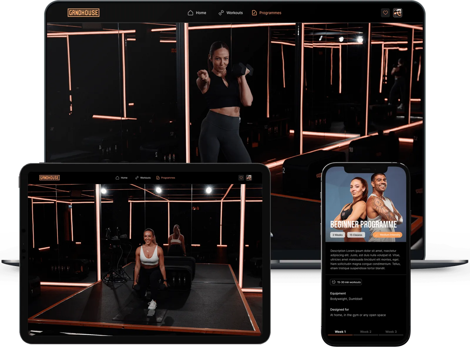 GRNDHOUSE app showing a trainer-led workout on a phone